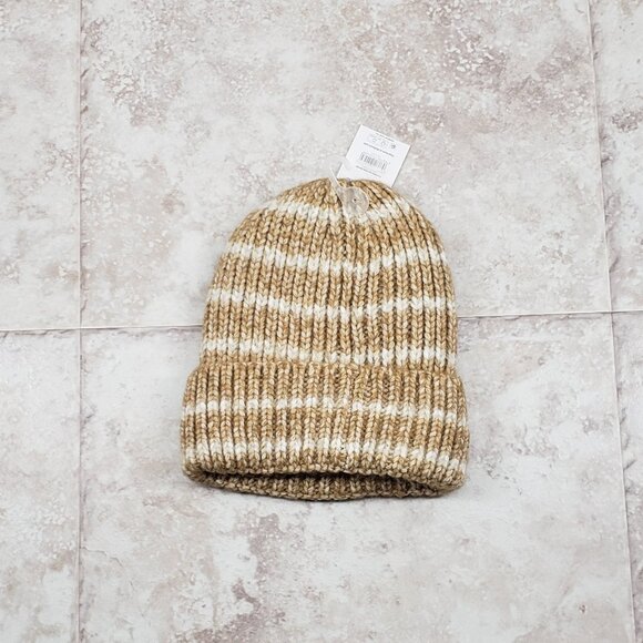 Beanie Brown Acorn Cuffed Fleece Lined No Pom Striped Toboggan Time & Tru OS - Picture 2 of 7